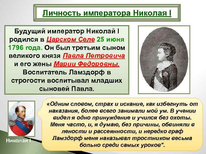 Личность императора Николая I Будущий император Николай I родился в Царском Селе 25 июня