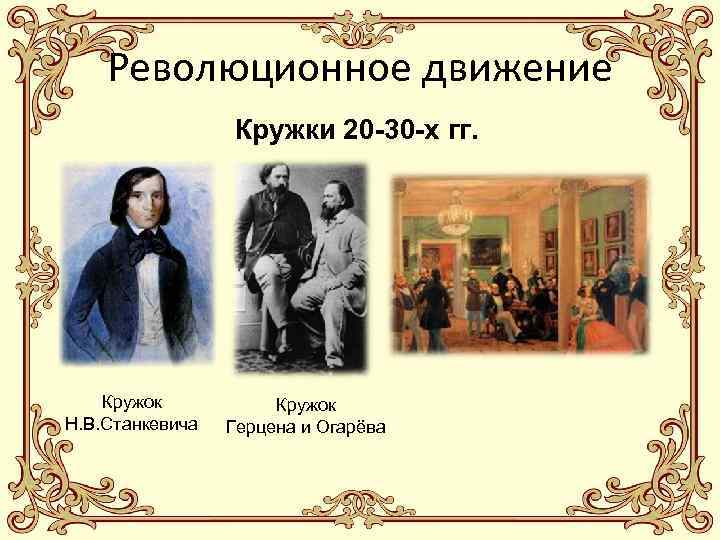 Революционное движение Кружки 20 -30 -х гг. Кружок Н. В. Станкевича Кружок Герцена и