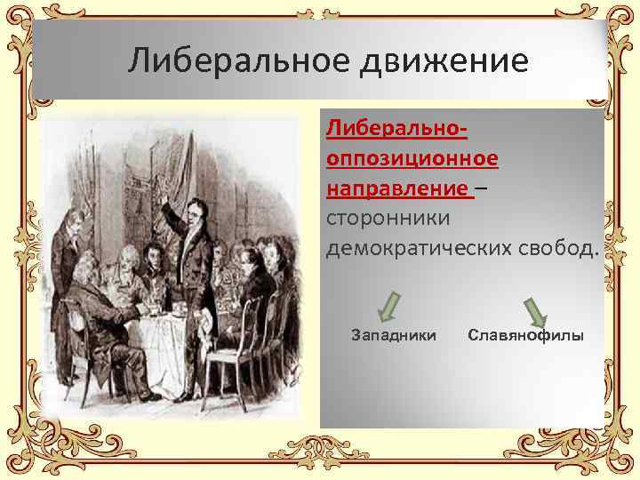 Либеральное движение Либеральнооппозиционное направление – сторонники демократических свобод. Западники Славянофилы 