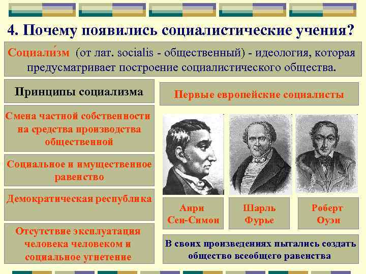 4. Почему появились социалистические учения? Социали зм (от лат. socialis - общественный) - идеология,