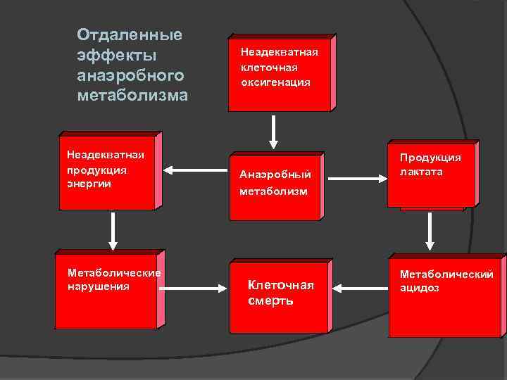 Отдаленные эффекты анаэробного метаболизма Неадекватная продукция энергии Метаболические нарушения Неадекватная клеточная оксигенация Анаэробный метаболизм