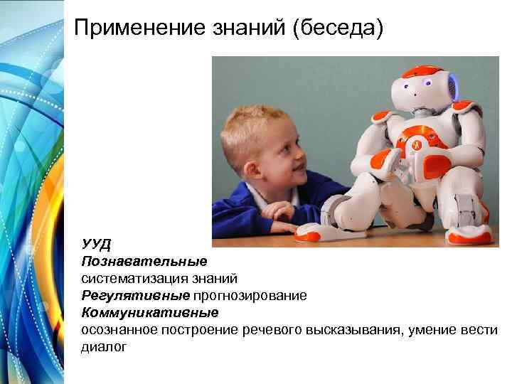 Применение знаний (беседа) УУД Познавательные систематизация знаний Регулятивные прогнозирование Коммуникативные осознанное построение речевого высказывания,