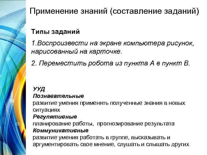 Применение знаний (составление заданий) Типы заданий 1. Воспроизвести на экране компьютера рисунок, нарисованный на