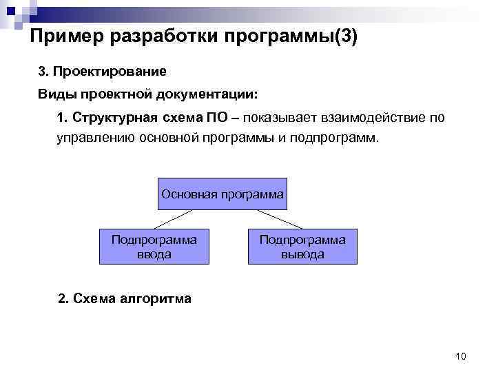 Пример разработки программы(3) 3. Проектирование Виды проектной документации: 1. Структурная схема ПО – показывает