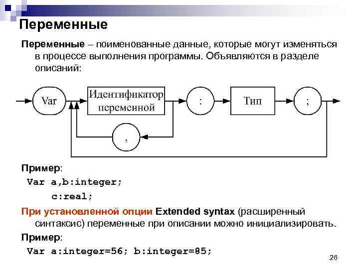 Переменные – поименованные данные, которые могут изменяться в процессе выполнения программы. Объявляются в разделе