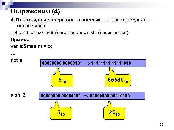 Выражения (4) 4. Поразрядные операции – применяют к целым, результат – целое число: not,