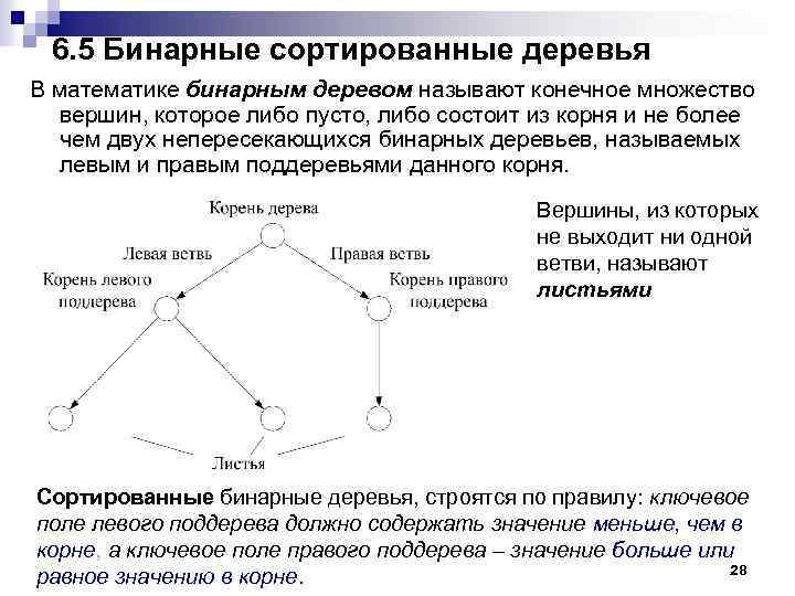 6. 5 Бинарные сортированные деревья В математике бинарным деревом называют конечное множество вершин, которое