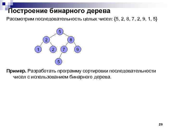 Построение бинарного дерева Рассмотрим последовательность целых чисел: {5, 2, 8, 7, 2, 9, 1,