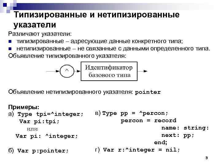 Типизированные и нетипизированные указатели Различают указатели: n типизированные – адресующие данные конкретного типа; n