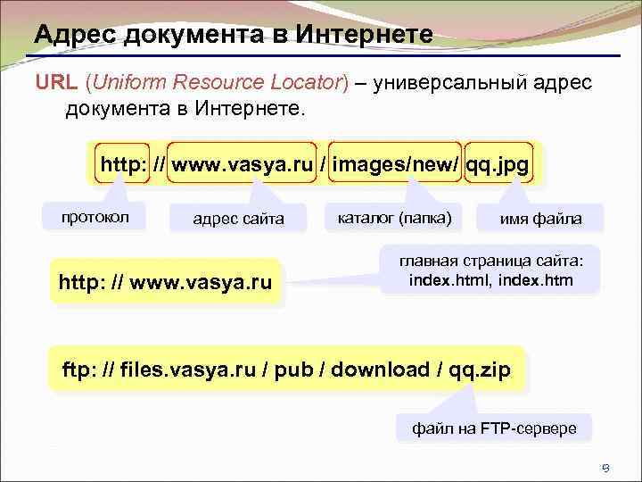 Адрес документа в Интернете URL (Uniform Resource Locator) – универсальный адрес документа в Интернете.