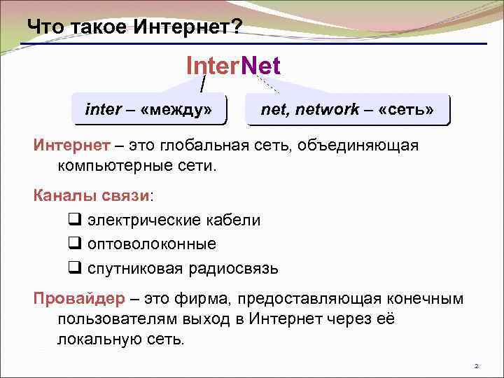 Что такое Интернет? Inter. Net inter – «между» net, network – «сеть» Интернет –