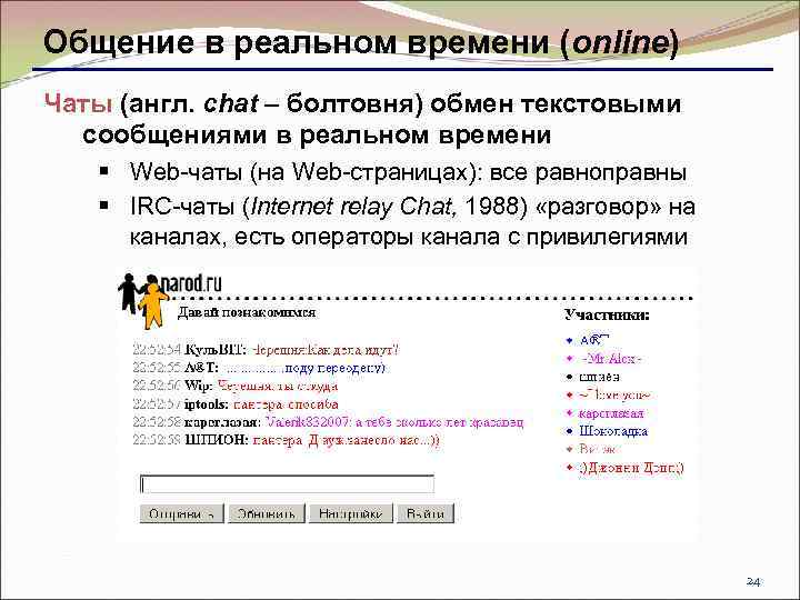 Общение в реальном времени (online) Чаты (англ. chat – болтовня) обмен текстовыми сообщениями в