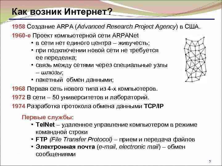 Как возник Интернет? 1958 Создание ARPA (Advanced Research Project Agency) в США. 1960 -е