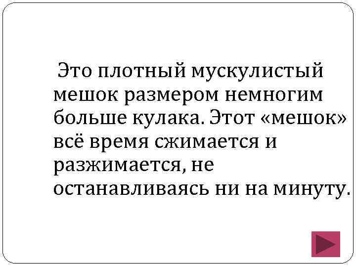 Это плотный мускулистый мешок размером немногим больше кулака. Этот «мешок» всё время сжимается и