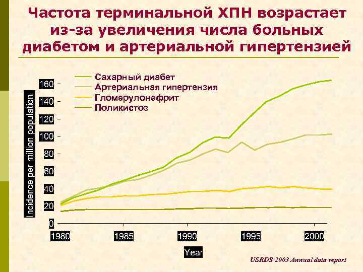  Частота терминальной ХПН возрастает из-за увеличения числа больных диабетом и артериальной гипертензией Сахарный