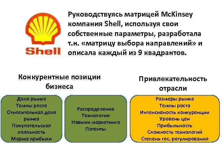 Руководствуясь матрицей Mc. Kinsey компания Shell, используя свои собственные параметры, разработала т. н. «матрицу