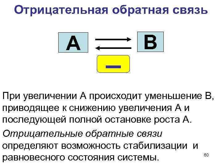 Отрицательная обратная связь А – В При увеличении А происходит уменьшение В, приводящее к