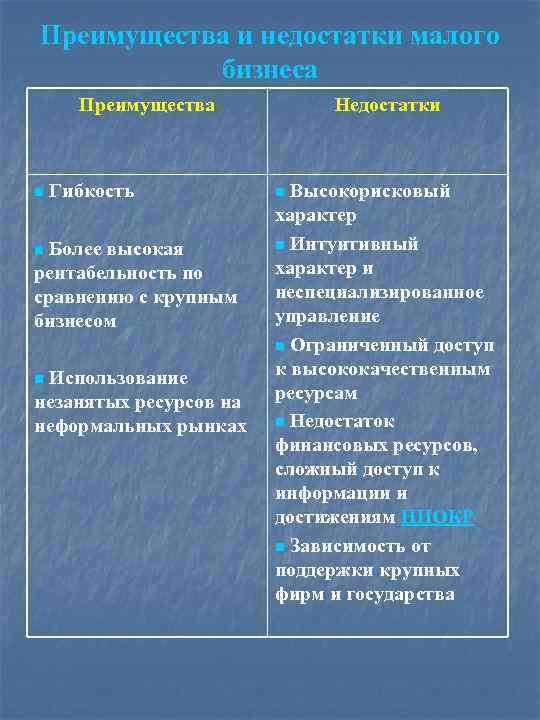 Преимущества и недостатки малого бизнеса Преимущества n Гибкость Более высокая рентабельность по сравнению с