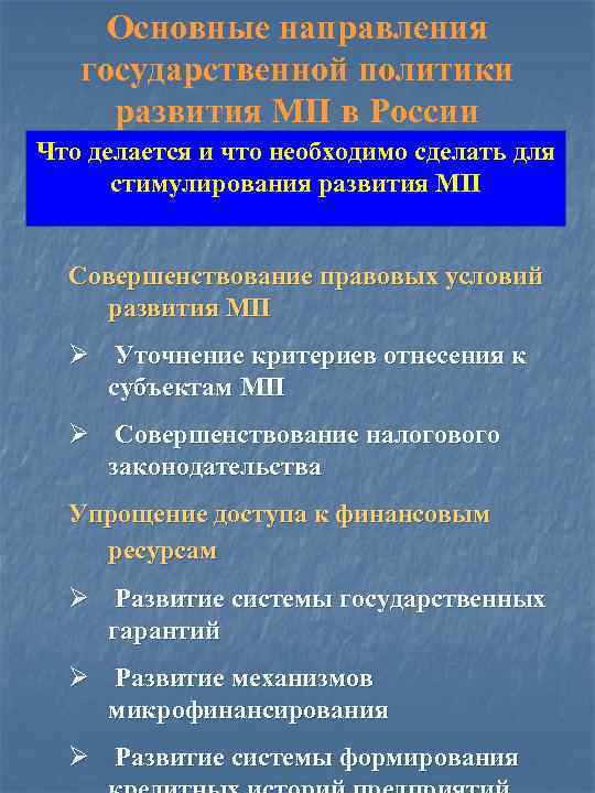 Основные направления государственной политики развития МП в России Что делается и что необходимо сделать