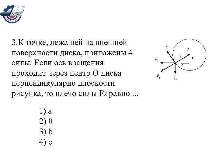 3. К точке, лежащей на внешней поверхности диска, приложены 4 силы. Если ось вращения