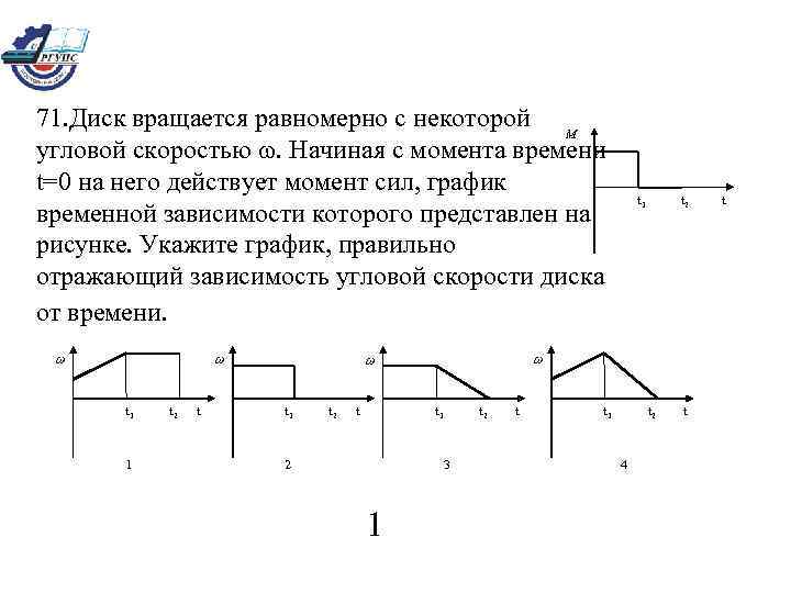 71. Диск вращается равномерно с некоторой M угловой скоростью . Начиная с момента времени