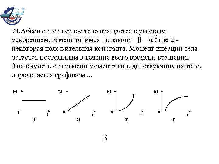 74. Абсолютно твердое тело вращается с угловым 2 ускорением, изменяющимся по закону β =