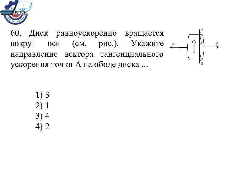 60. Диск равноускоренно вращается вокруг оси (см. рис. ). Укажите направление вектора тангенциального ускорения