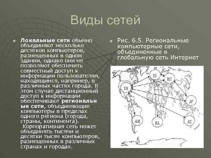 Виды сетей u Локальные сети обычно объединяют несколько десятков компьютеров, размещенных в одном здании,