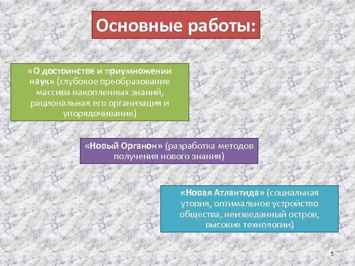 Основные работы: «О достоинстве и приумножении наук» (глубокое преобразование массива накопленных знаний, рациональная его