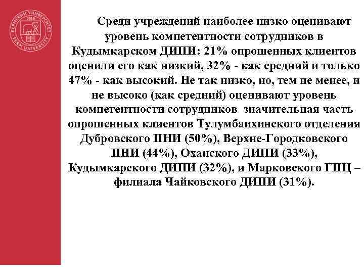 Среди учреждений наиболее низко оценивают уровень компетентности сотрудников в Кудымкарском ДИПИ: 21% опрошенных клиентов