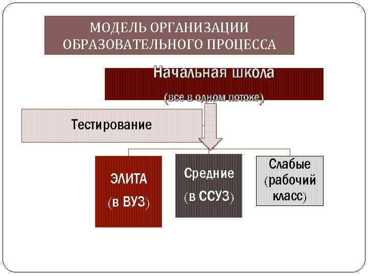  МОДЕЛЬ ОРГАНИЗАЦИИ ОБРАЗОВАТЕЛЬНОГО ПРОЦЕССА Начальная школа (все в одном потоке) Тестирование Слабые ЭЛИТА