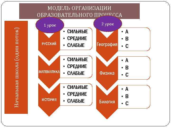  МОДЕЛЬ ОРГАНИЗАЦИИ ОБРАЗОВАТЕЛЬНОГО ПРОЦЕССА 1 урок 2 урок Начальная школа (один поток) •