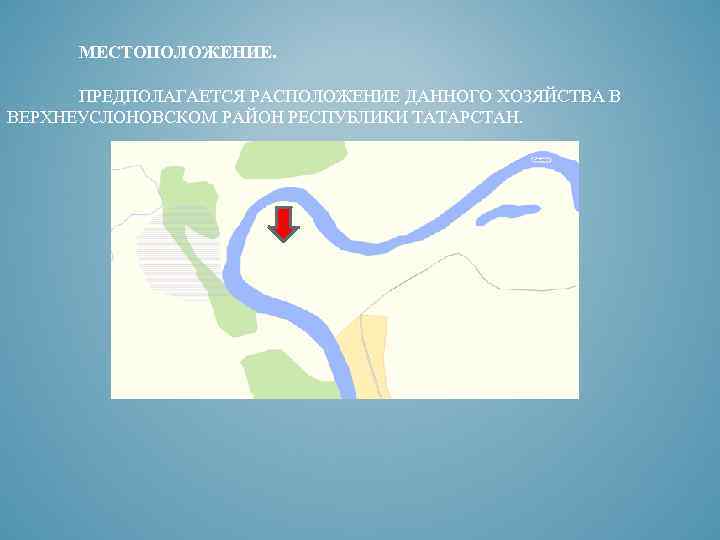 МЕСТОПОЛОЖЕНИЕ. ПРЕДПОЛАГАЕТСЯ РАСПОЛОЖЕНИЕ ДАННОГО ХОЗЯЙСТВА В ВЕРХНЕУСЛОНОВСКОМ РАЙОН РЕСПУБЛИКИ ТАТАРСТАН. 