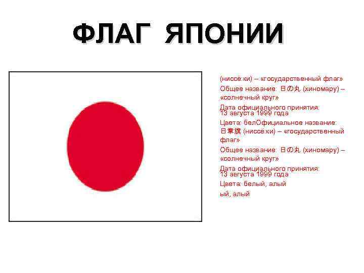ФЛАГ ЯПОНИИ Официальное название: 日章旗 (ниссё: ки) – «государственный флаг» Общее название: 日の丸 (хиномару)