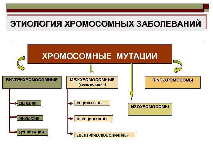 ЭТИОЛОГИЯ ХРОМОСОМНЫХ ЗАБОЛЕВАНИЙ ХРОМОСОМНЫЕ МУТАЦИИ ВНУТРИХРОМОСОМНЫЕ МЕЖХРОМОСОМНЫЕ RING-ХРОМОСОМЫ (транслокации) ДЕЛЕЦИИ РЕЦИПРОКНЫЕ ИНВЕРСИИ НЕРЕЦИПРОКНЫЕ ДУПЛИКАЦИИ
