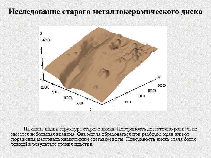 Исследование старого металлокерамического диска На скане видна структура старого диска. Поверхность достаточно ровная, но