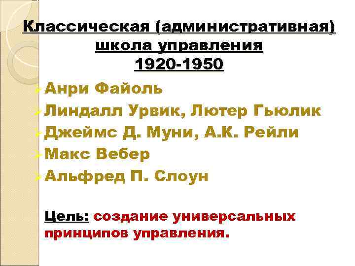 Классическая (административная) школа управления 1920 -1950 Ø Анри Файоль Ø Линдалл Урвик, Лютер Гьюлик