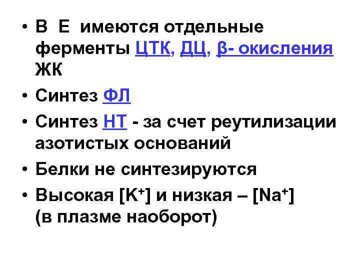  • В Е имеются отдельные ферменты ЦТК, ДЦ, β- окисления ЖК • Синтез