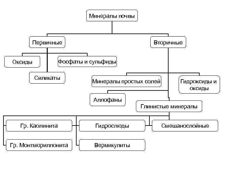 Минералы почвы Первичные Вторичные Фосфаты и сульфиды Оксиды Силикаты Минералы простых солей Гидроксиды и