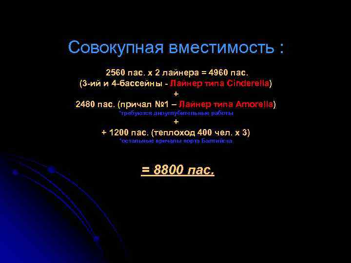 Совокупная вместимость : 2560 пас. х 2 лайнера = 4960 пас. (3 -ий и