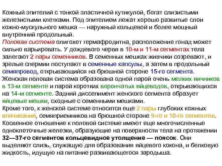 Кожный эпителий с тонкой эластичной кутикулой, богат слизистыми железистыми клетками. Под эпителием лежат хорошо