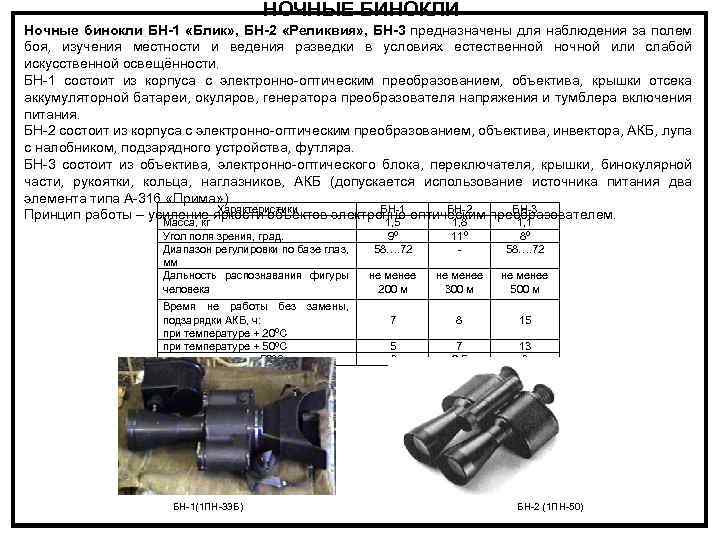 НОЧНЫЕ БИНОКЛИ Ночные бинокли БН-1 «Блик» , БН-2 «Реликвия» , БН-3 предназначены для наблюдения
