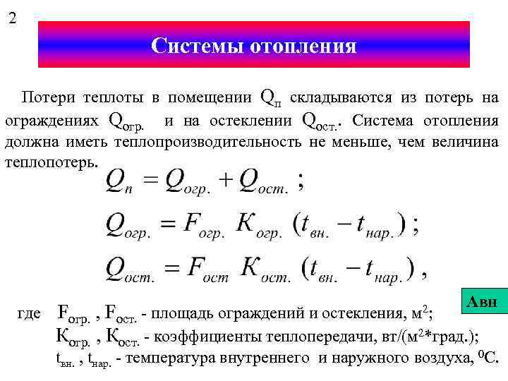 2 Системы отопления Потери теплоты в помещении Qп складываются из потерь на ограждениях Qогр.