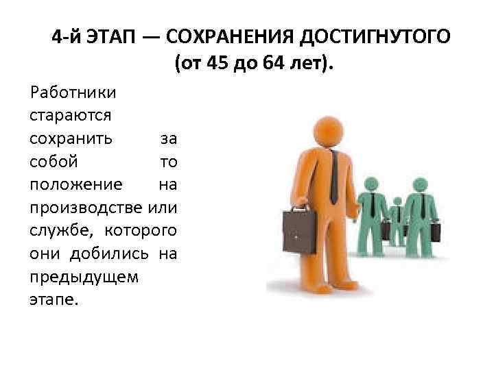 4 -й ЭТАП — СОХРАНЕНИЯ ДОСТИГНУТОГО (от 45 до 64 лет). Работники стараются сохранить