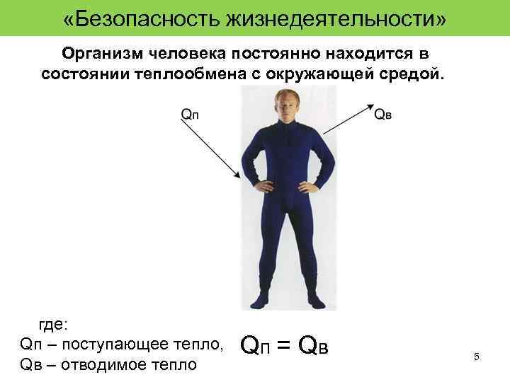  «Безопасность жизнедеятельности» Организм человека постоянно находится в состоянии теплообмена с окружающей средой. где: