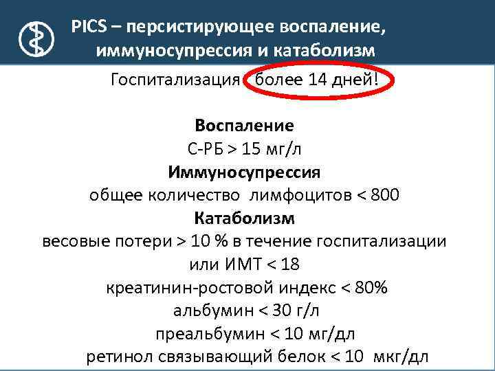 PICS – персистирующее воспаление, иммуносупрессия и катаболизм Госпитализация более 14 дней! Воспаление С-РБ >