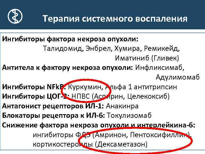 Терапия системного воспаления Ингибиторы фактора некроза опухоли: Талидомид, Энбрел, Хумира, Ремикейд, Иматиниб (Гливек) Антитела