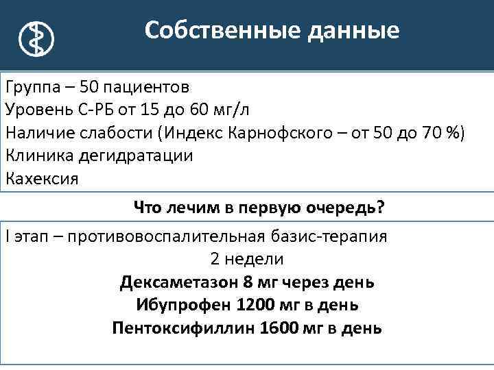 Собственные данные Группа – 50 пациентов Уровень С-РБ от 15 до 60 мг/л Наличие