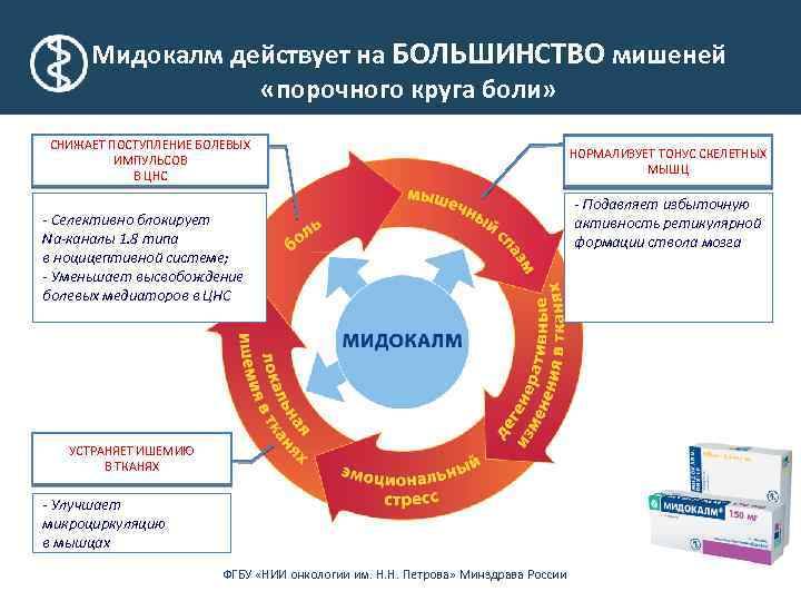 Мидокалм действует на БОЛЬШИНСТВО мишеней «порочного круга боли» СНИЖАЕТ ПОСТУПЛЕНИЕ БОЛЕВЫХ ИМПУЛЬСОВ В ЦНС