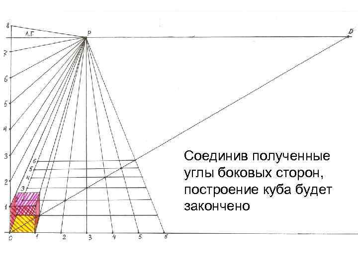 Соединив полученные углы боковых сторон, построение куба будет закончено 